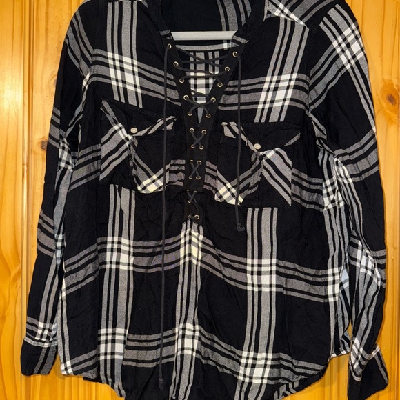 Express Tops - Express Black and White Plaid Lace-Up Shirt